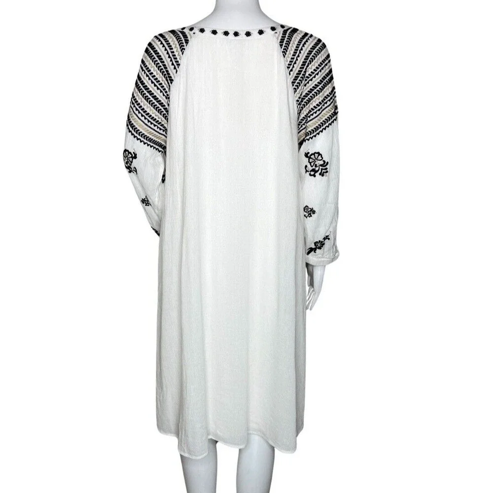 Chicos Dress Womens 6 White Black Embroidered Tunic Shift‎ Boho Bohemian Peasant